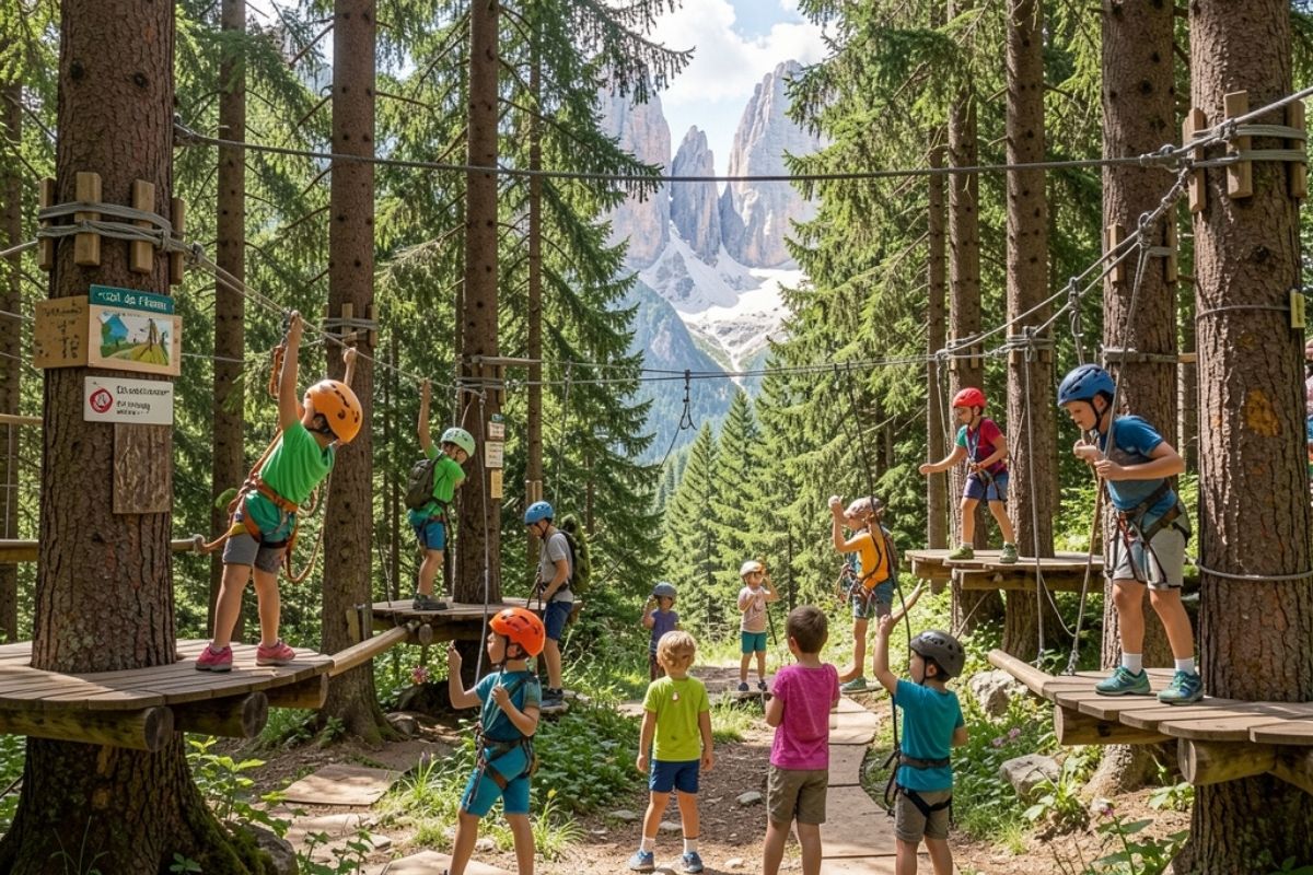 Famiglia e bambini che giocano su percorsi avventura tra gli alberi del Parco Col de Flam, Dolomiti e Ortisei sullo sfondo, atmosfera estiva